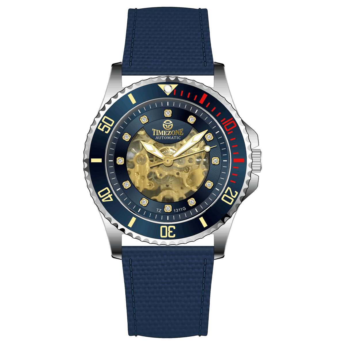 Branded wrist watch for men in pakistan. A silver-toned Monarch Luxe watch with a gray leather/cloth strap and a transparent dial showcasing the automatic movement.