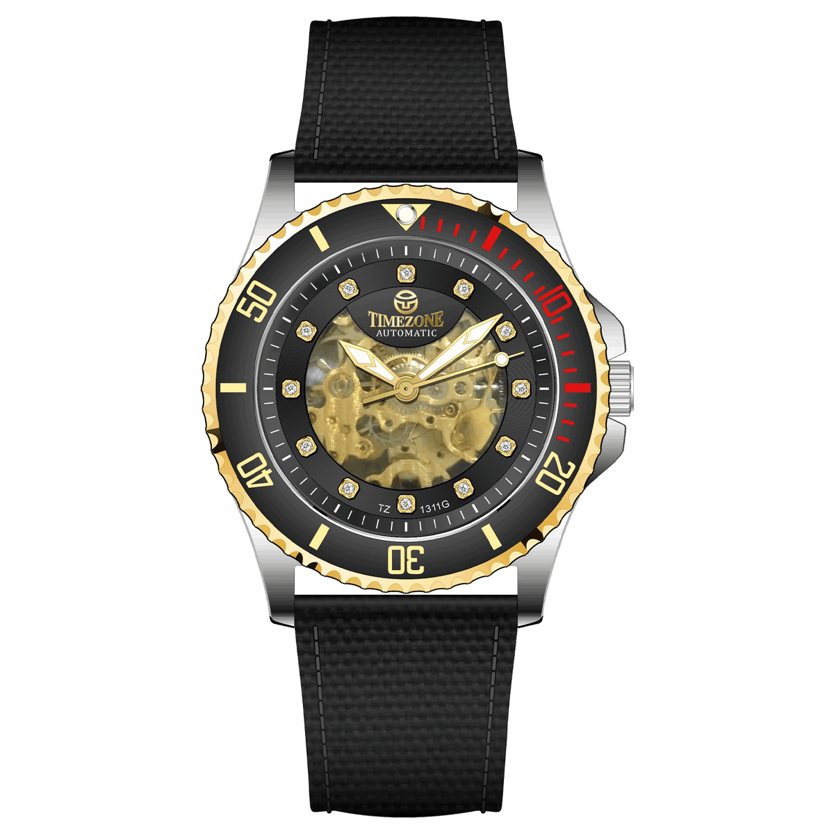 Branded wrist watch for men in pakistan. A Monarch Chrono watch with a black leather/cloth strap, silver case, gold and black dial, and red accents.