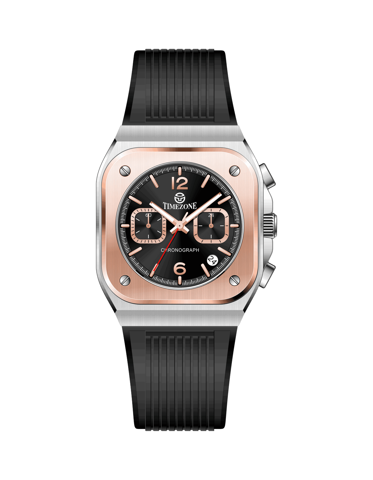 Branded watch for men with black strap and rose gold case on a white background.