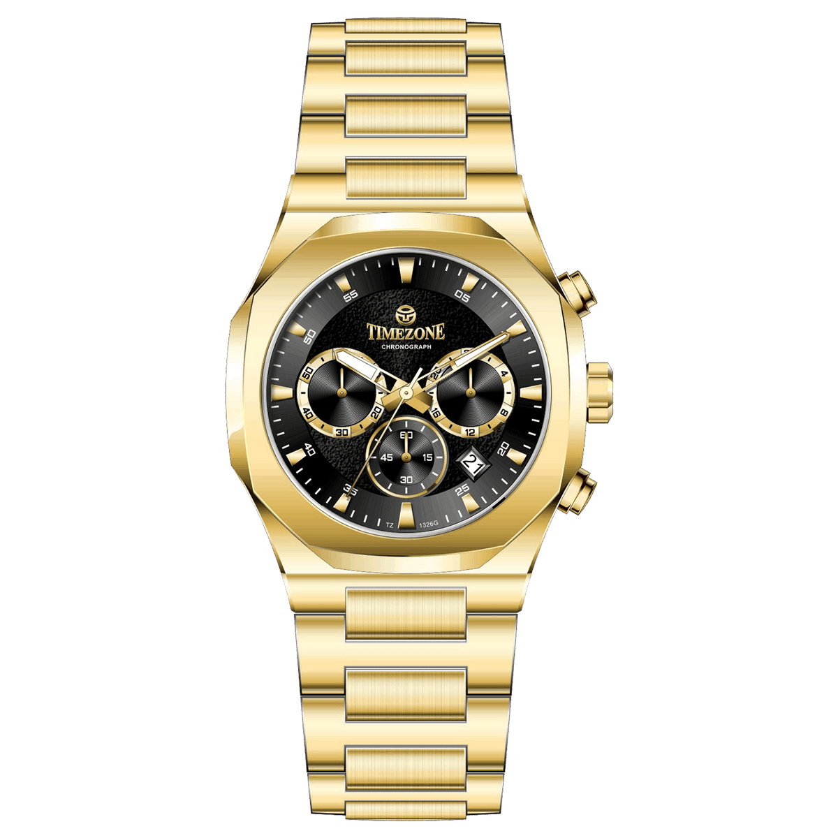 A gold-toned watch with a stainless steel band and a chronograph movement. It features a sophisticated design with a clear dial and a date display. Discover timezone watches: elegant branded wrist watches for men in pakistan