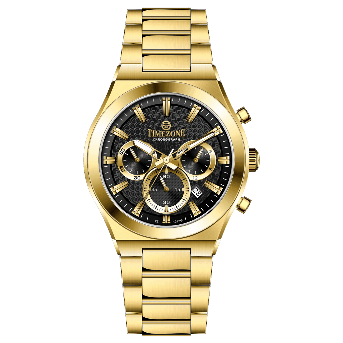 Branded wrist watch for men in pakistan. A gold-colored stainless steel watch with multicolor accents, featuring a chronograph display.