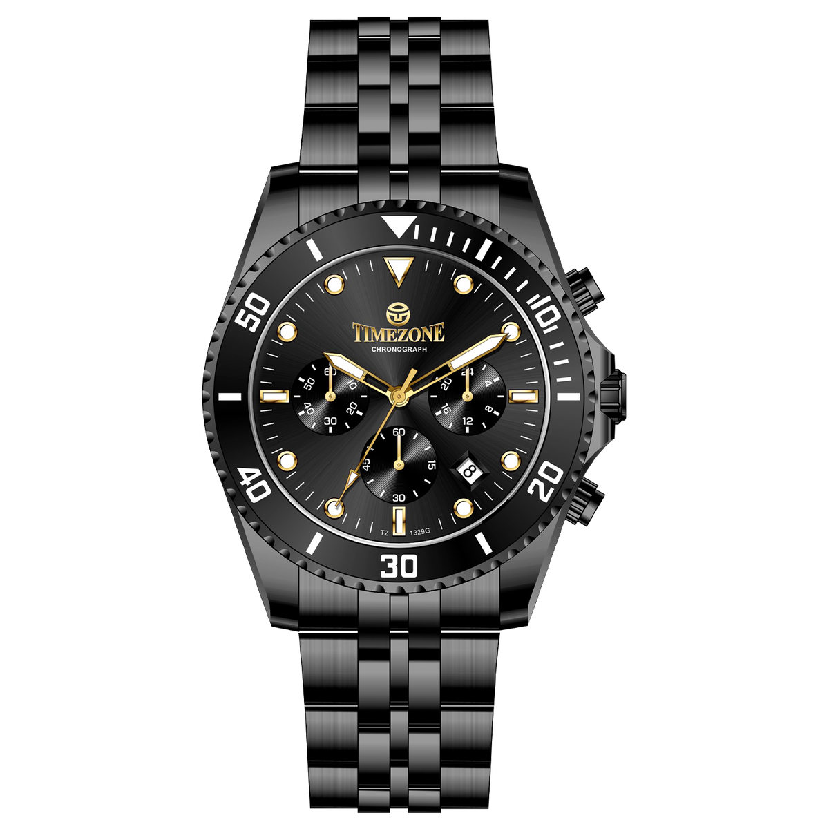 A black stainless steel Timezone watch with a chronograph function, a stainless steel band. A branded Timezone Watches stainless steel watch with a silver dial, rose gold hands and a date display. Discover timezone watches: elegant branded wrist watch for men in pakistan.