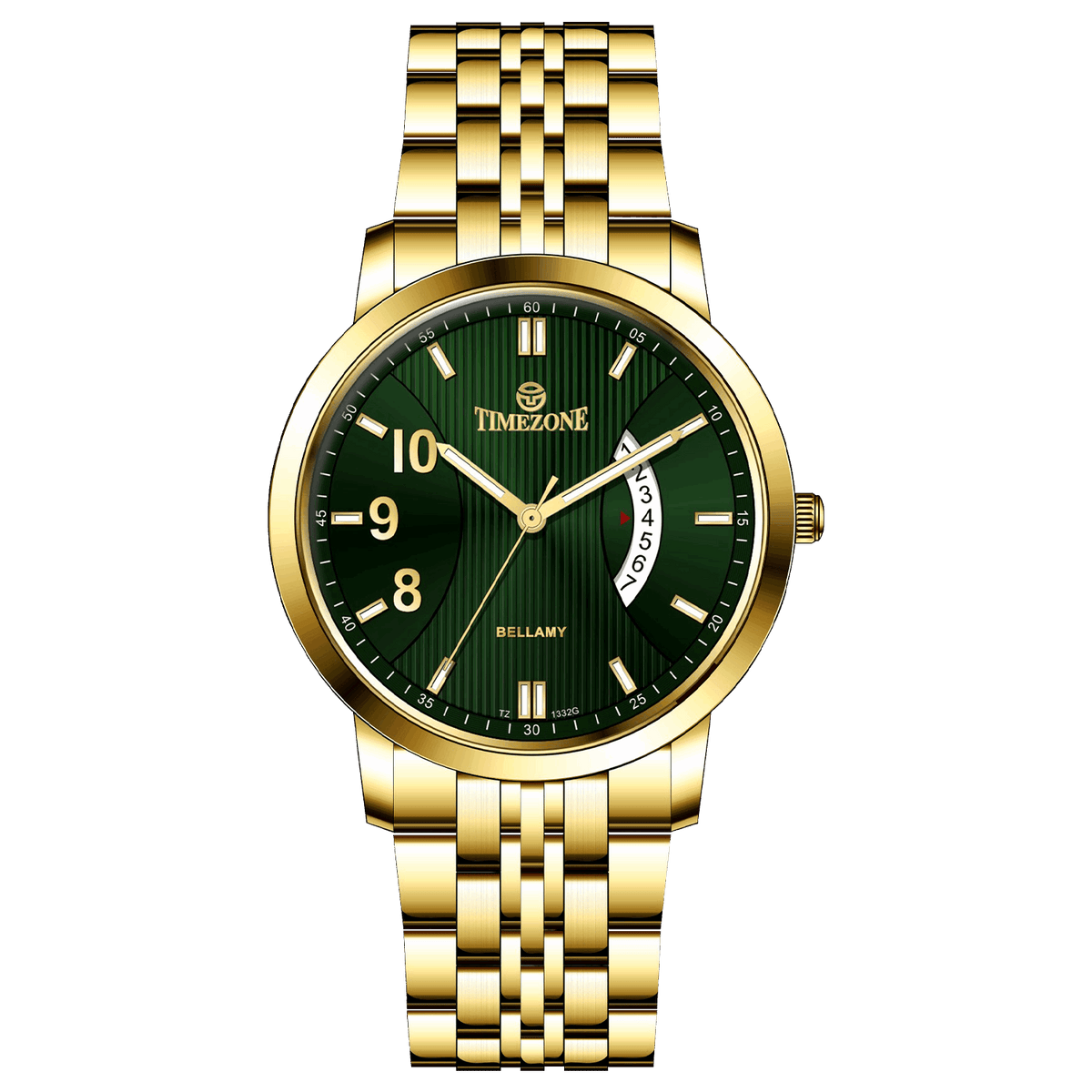 A Timezone branded watch with a stainless steel band and a gold-tone case featuring a white dial with black hands and markers. Discover timezone watches: elegant branded wrist watches for men in pakistan.