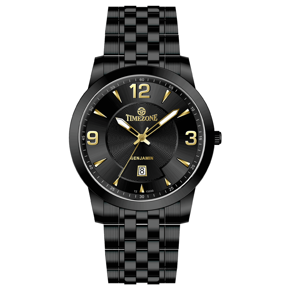 A black TIMEZONE watch with a stainless steel band and a analog display showing the time. Discover timezone watches: elegant branded wrist watches for men in pakistan