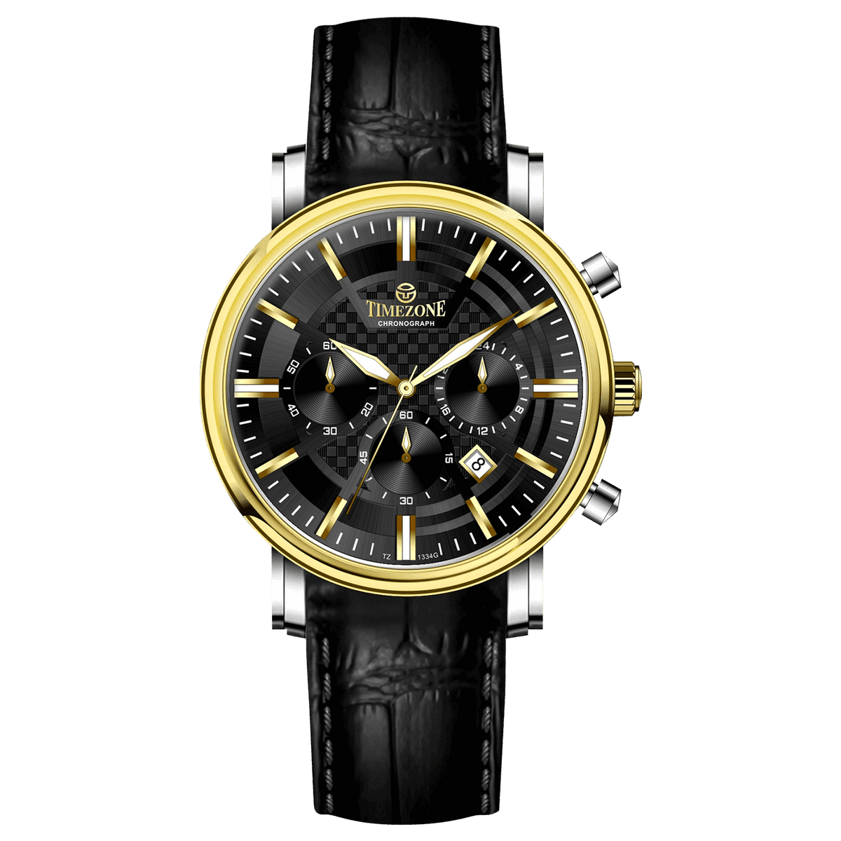 Branded wrist watch for men in pakistan. A stylish men's watch with a gold case, silver dial, and a leather strap.