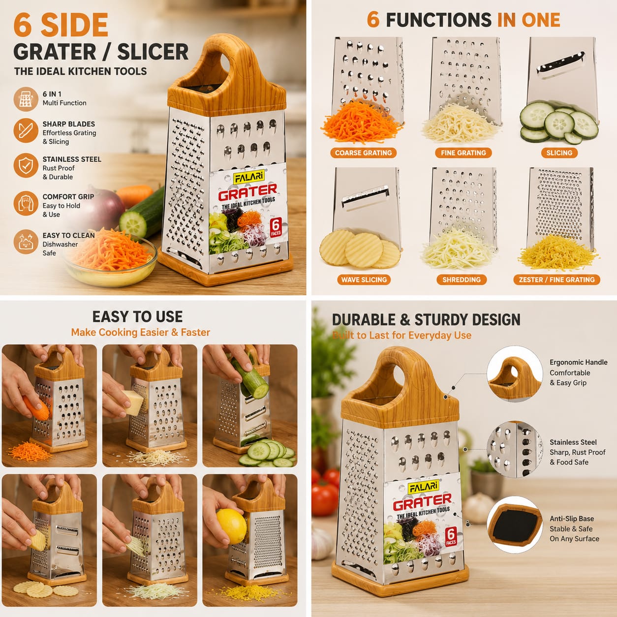 Stainless Steel 6 Sided Box Grater (Vegetable Cheese Slicer Shredder)