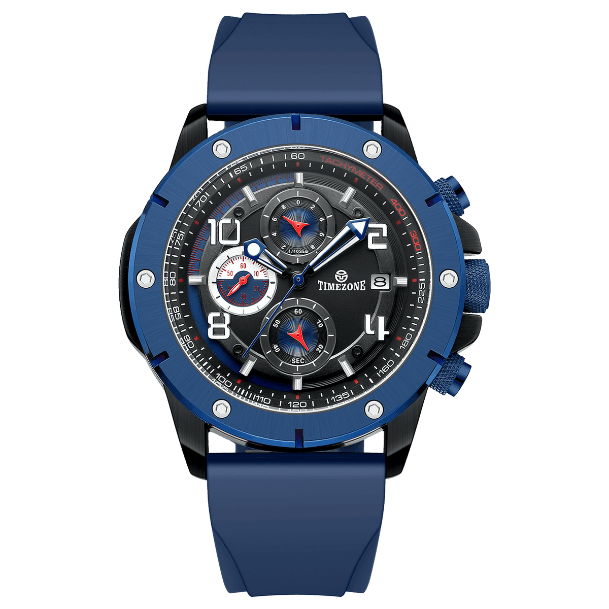 A blue-banded, black-faced TZ-1306 Solace Phoenix watch with a date display and multiple sub-dials for chronograph functionality. Discover timezone watches: elegant branded wrist watch for men in pakistan.