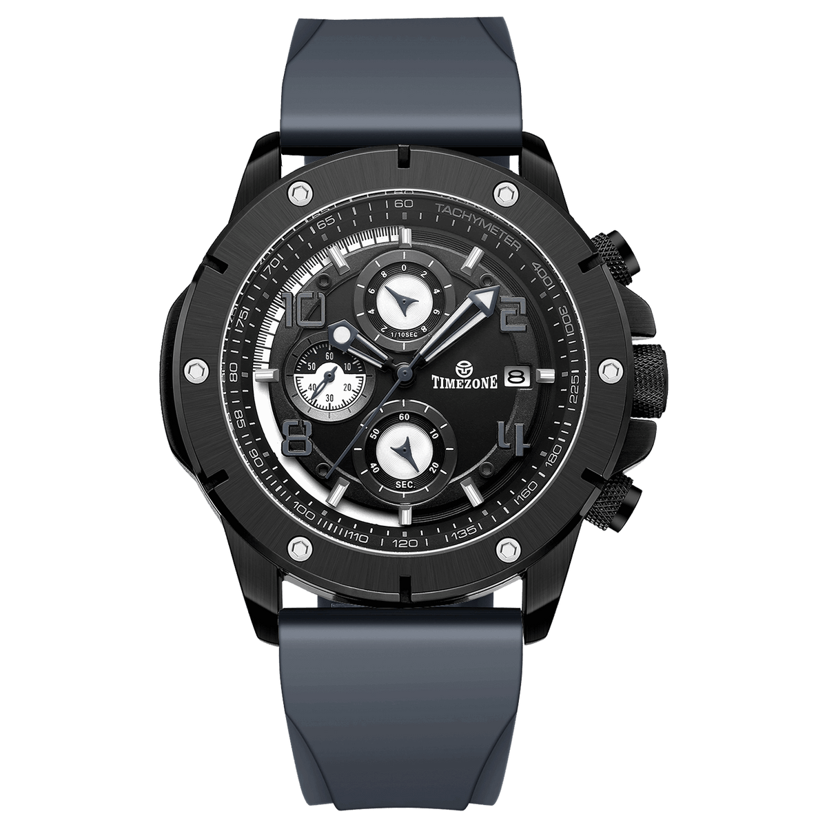 A grey-banded, black-faced TZ-1306 Solace Phoenix watch with a date display and multiple sub-dials for chronograph functionality. Discover timezone watches: elegant branded wrist watch for men in pakistan.