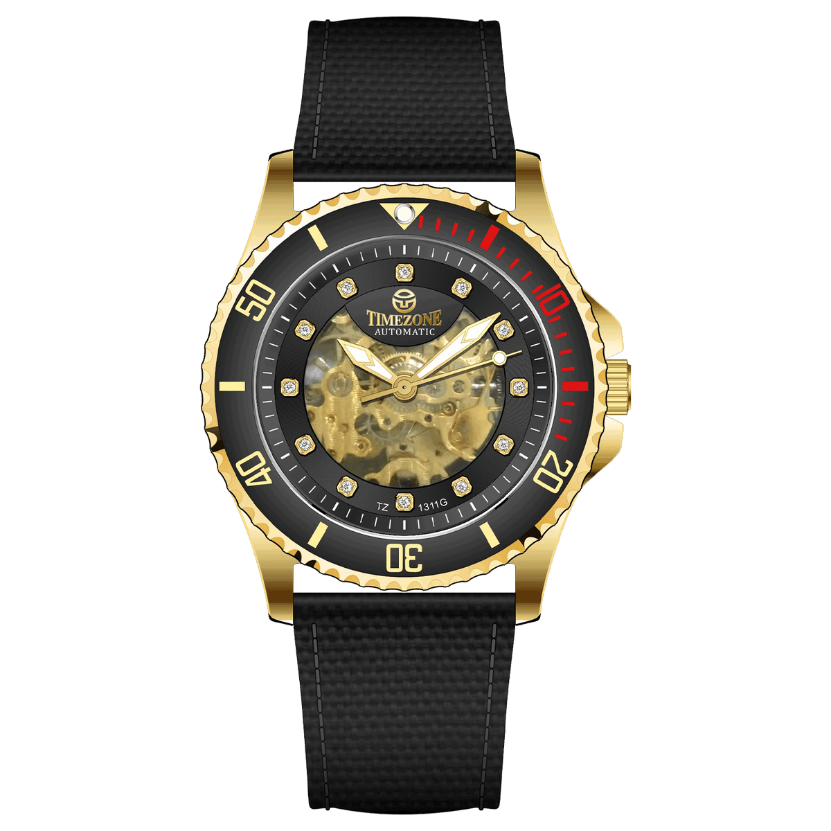 Branded wrist watch for men in pakistan. A gold-toned Monarch Prestige watch with a black leather band and a skeleton dial visible through the transparent case back.