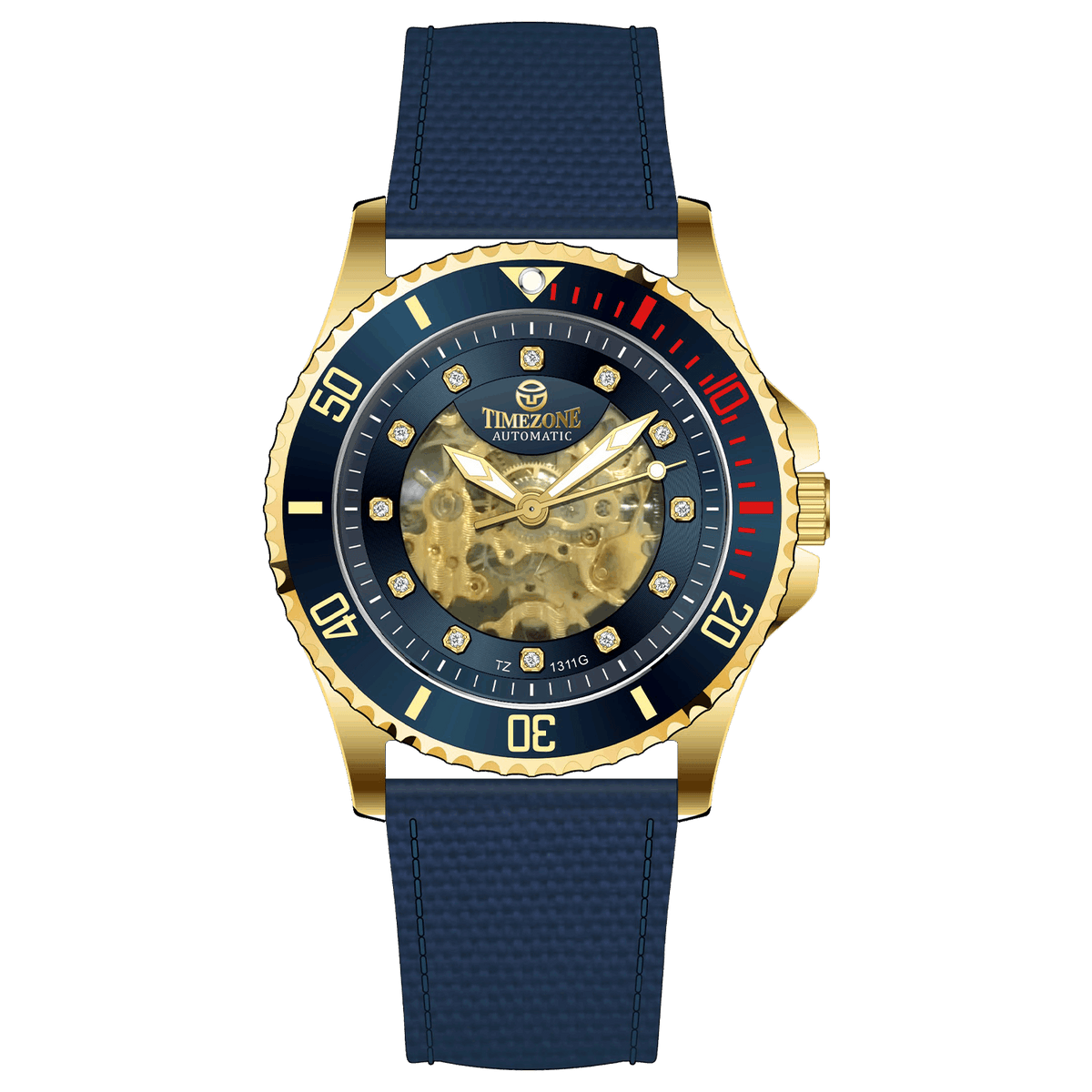 Branded wrist watch for men in pakistan. A gold-toned Monarch Prestige watch with a black leather band and a skeleton dial visible through the transparent case back.