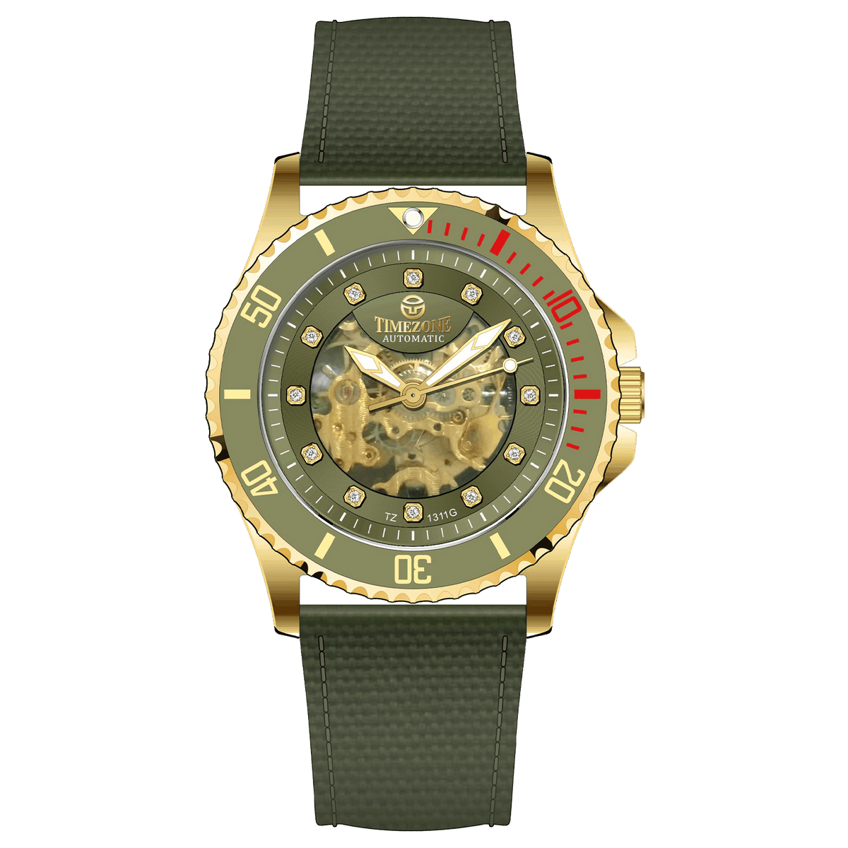 Branded wrist watch for men in pakistan. A gold-toned Monarch Prestige watch with a black leather band and a skeleton dial visible through the transparent case back.