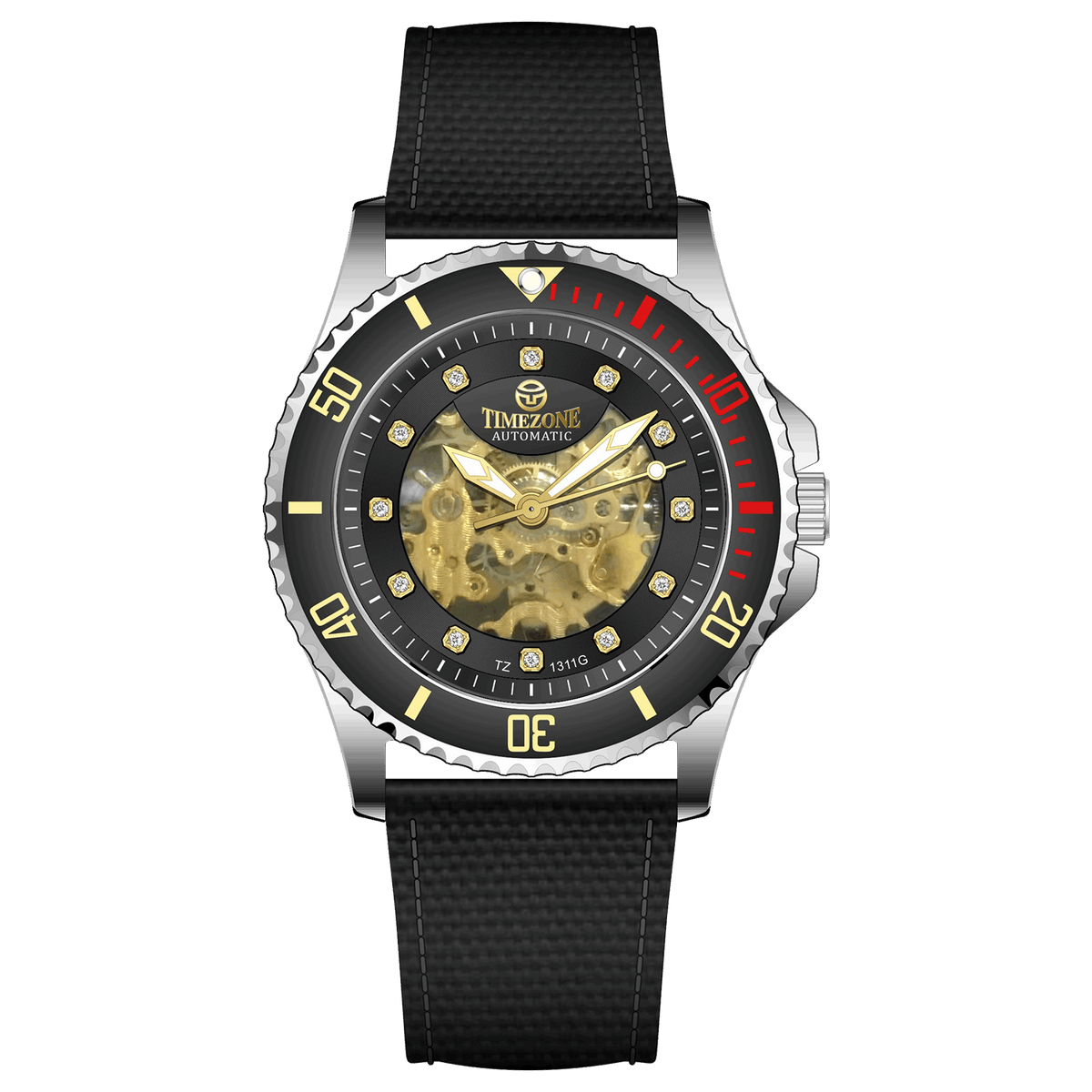 Branded wrist watch for men in pakistan. A silver-toned Monarch Luxe watch with a gray leather/cloth strap and a transparent dial showcasing the automatic movement.