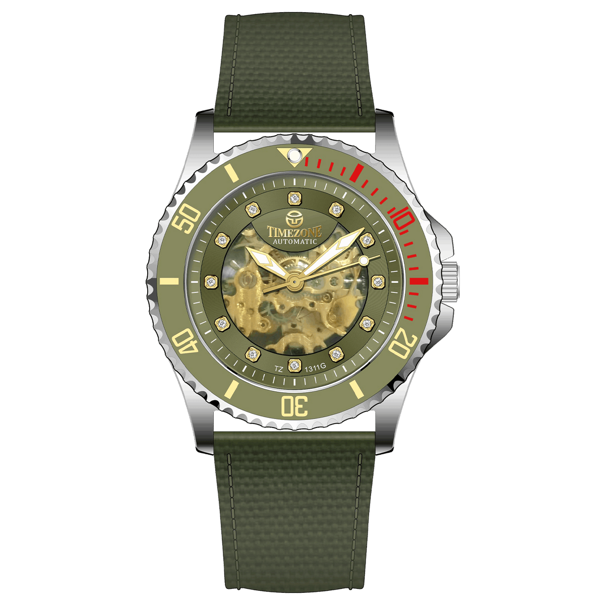 Branded wrist watch for men in pakistan. A silver-toned Monarch Luxe watch with a gray leather/cloth strap and a transparent dial showcasing the automatic movement.