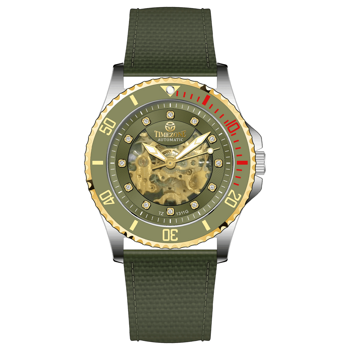 Branded wrist watch for men in pakistan. A Monarch Chrono watch with a black leather/cloth strap, silver case, gold and black dial, and red accents.