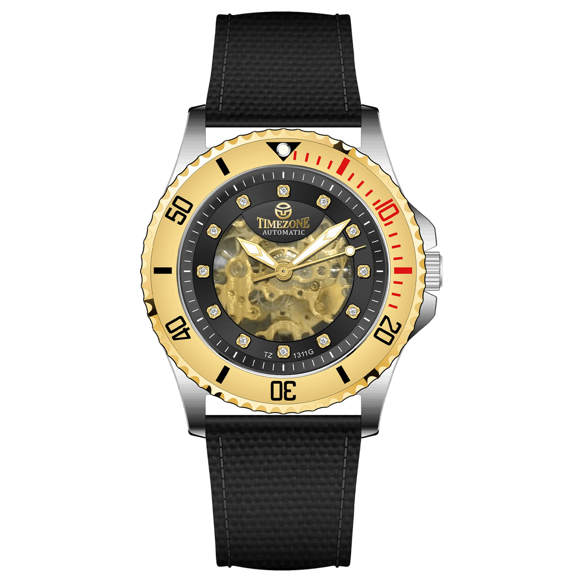 Branded wrist watch for men in pakistan. A Monarch Chrono watch with a black leather/cloth strap, silver case, gold and black dial, and red accents.