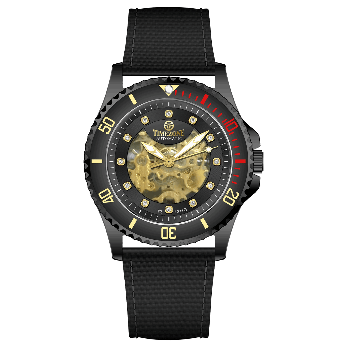 Branded wrist watch for men in pakistan. A black Monarch Elite watch with a gold dial and a leather/cloth strap, featuring a precision automatic movement and 3 ATM water resistance.