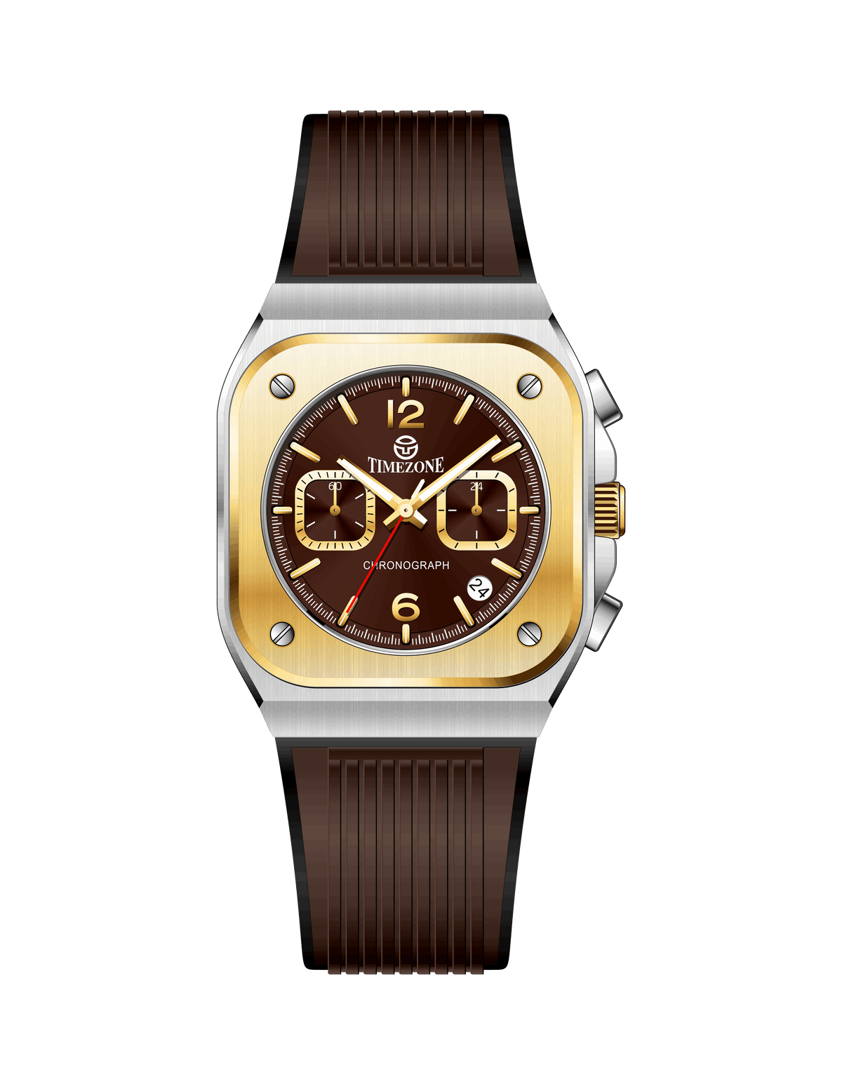Branded wrist watch for men in pakistan with brown strap and gold case on a white background.