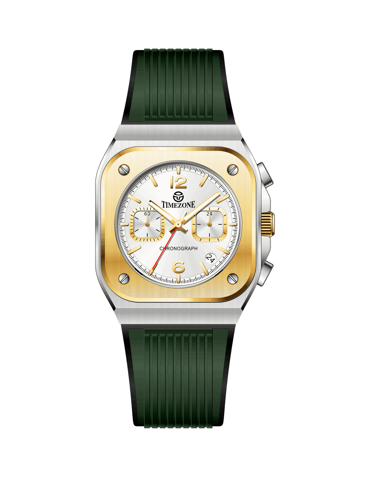 Branded wrist watch for men in pakistan with green strap and gold case on a white background.