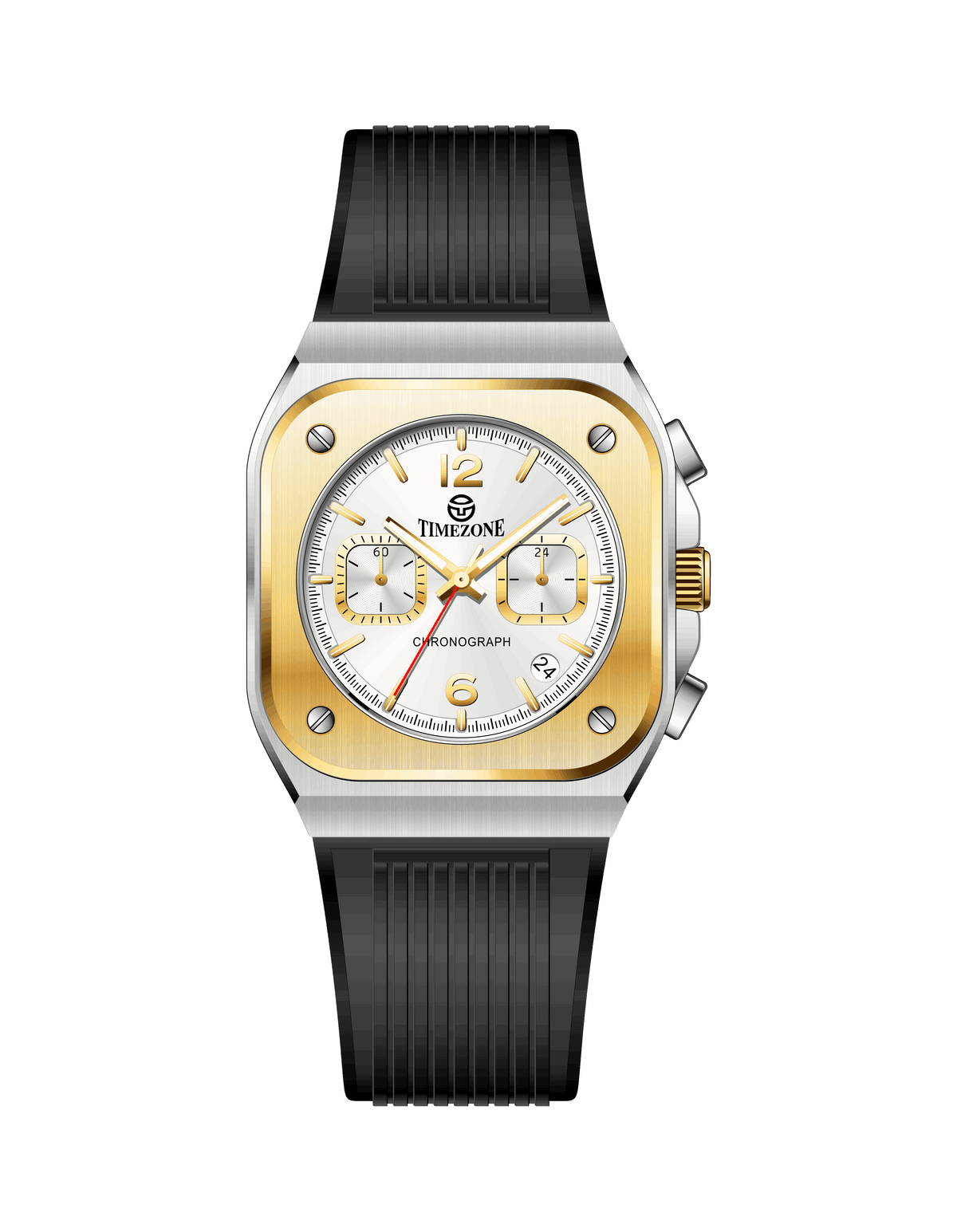 Branded wrist watch for men in pakistan with black strap and gold and silver case on a white background
