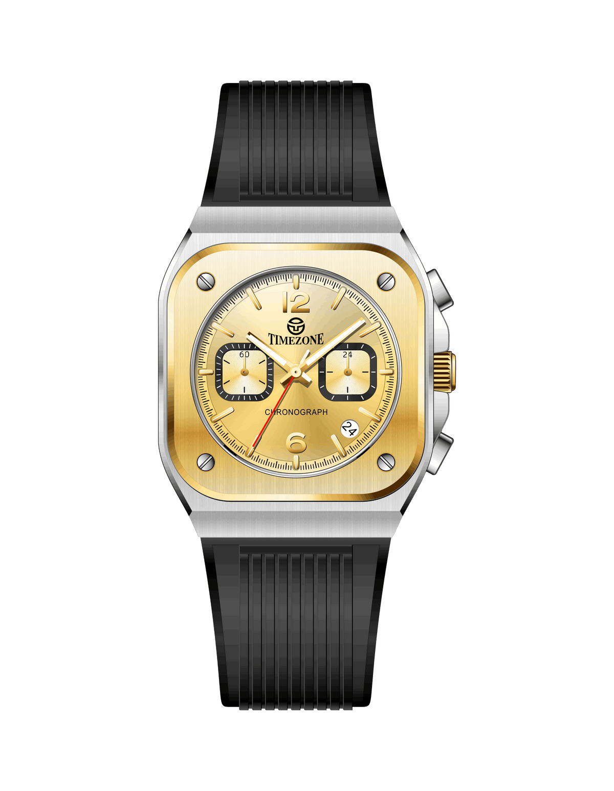 Branded wrist watch for men in pakistan. Gold and black watch with 'Timezone' branding on a white background