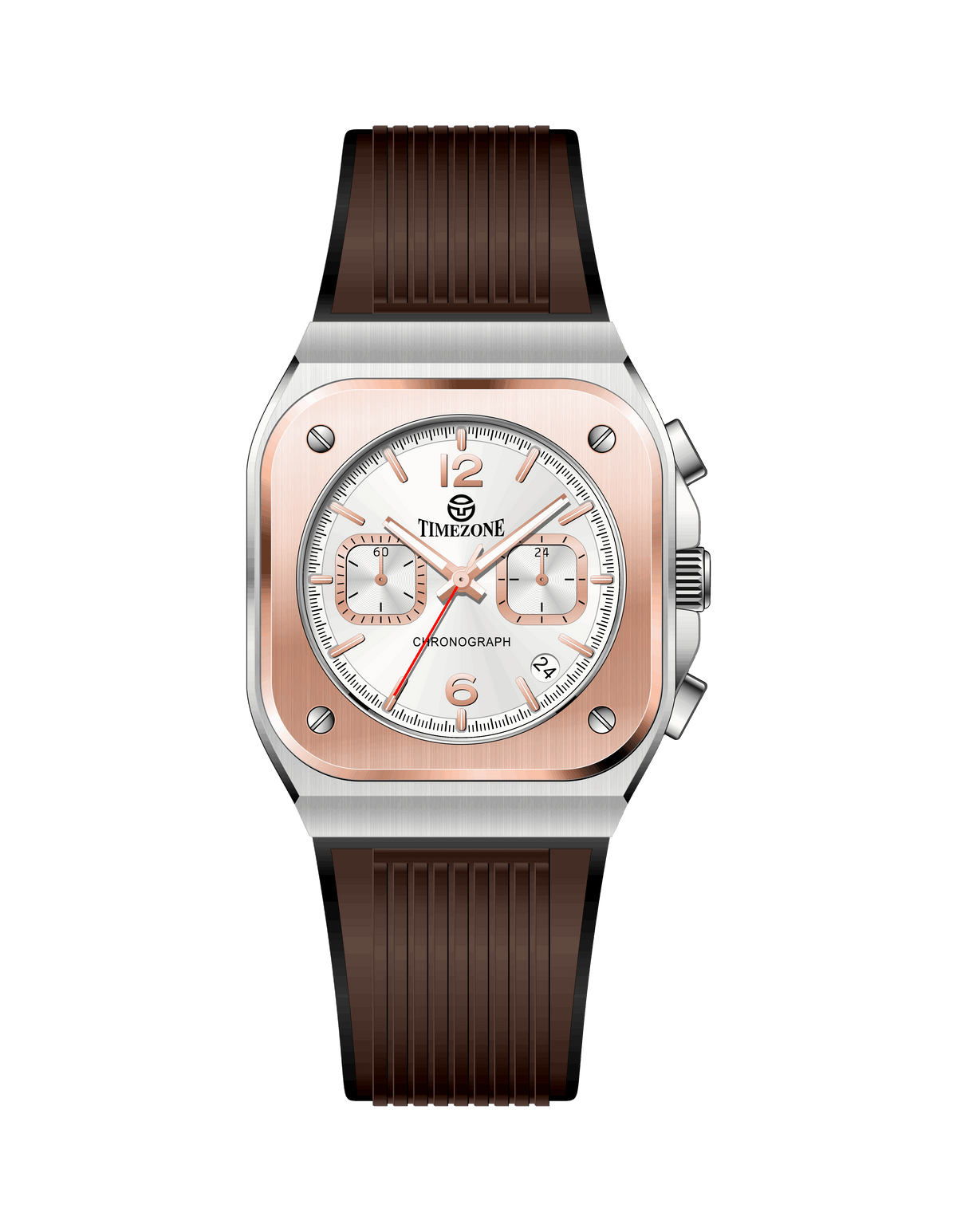 Watch with brown strap and rose gold case on white background. Branded wrist watch for men in pakistan.