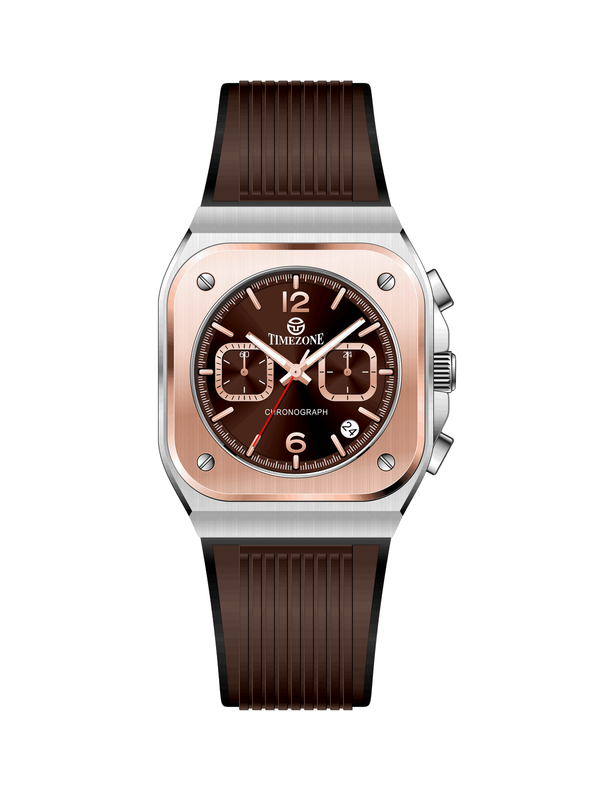 Watch with brown strap and rose gold case on white background. Branded wrist watch for men in pakistan.