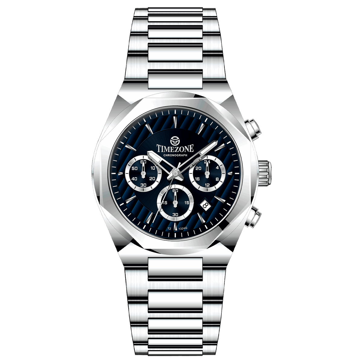 A silver stainless steel Timezone Watches branded watch with a chronograph movement, featuring a round dial with multiple subdials and a stainless steel band. Discover timezone watches: elegant branded wrist watch for men in pakistan.