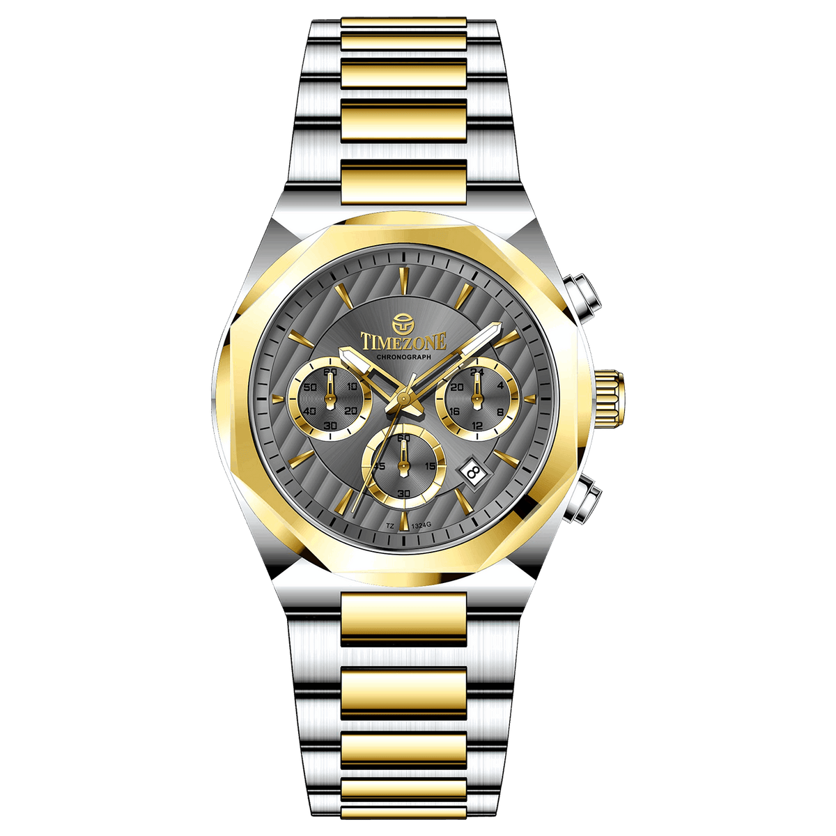 A branded watch with a stainless steel band and a silver-colored dial featuring a chronograph movement, day-date display, and a gold-tone case. Discover timezone watches: elegant branded wrist watches for men in pakistan.