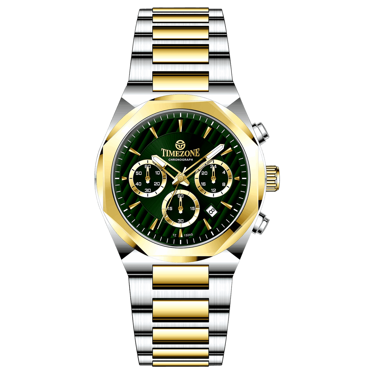 A Timezone Watches branded watch with a stainless steel band and a silver-colored dial featuring a chronograph movement, day-date display, and a gold-tone case.