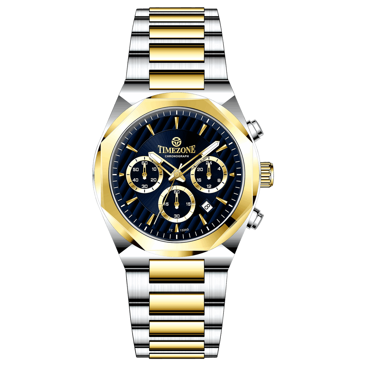 A Timezone Watches branded watch with a stainless steel band and a silver-colored dial featuring a chronograph movement, day-date display, and a gold-tone case. Discover timezone watches: elegant branded wrist watches for men in pakistan.