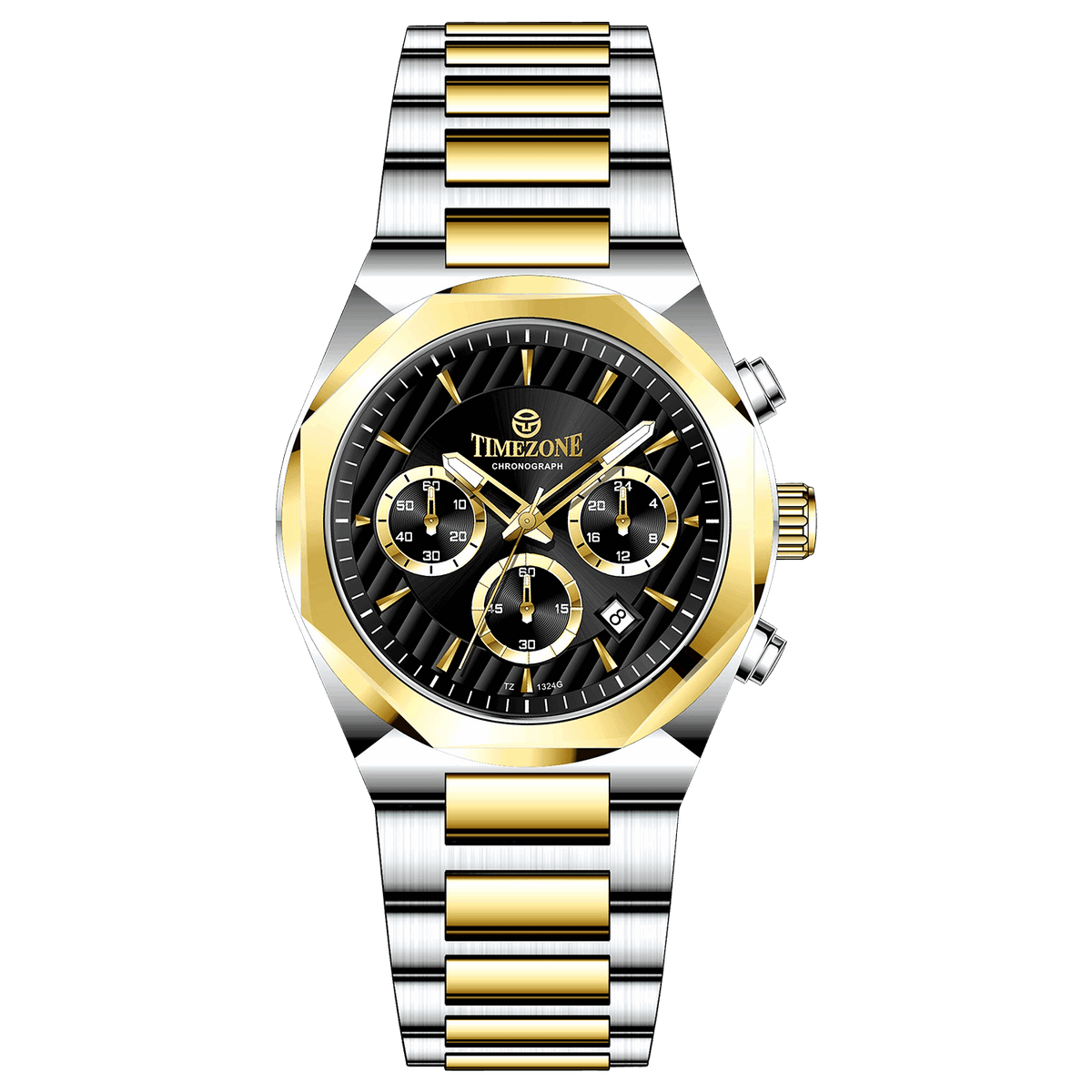 A Timezone Watches branded watch with a stainless steel band and a silver-colored dial featuring a chronograph movement, day-date display, and a gold-tone case. Discover timezone watches: elegant branded wrist watches for men in pakistan.