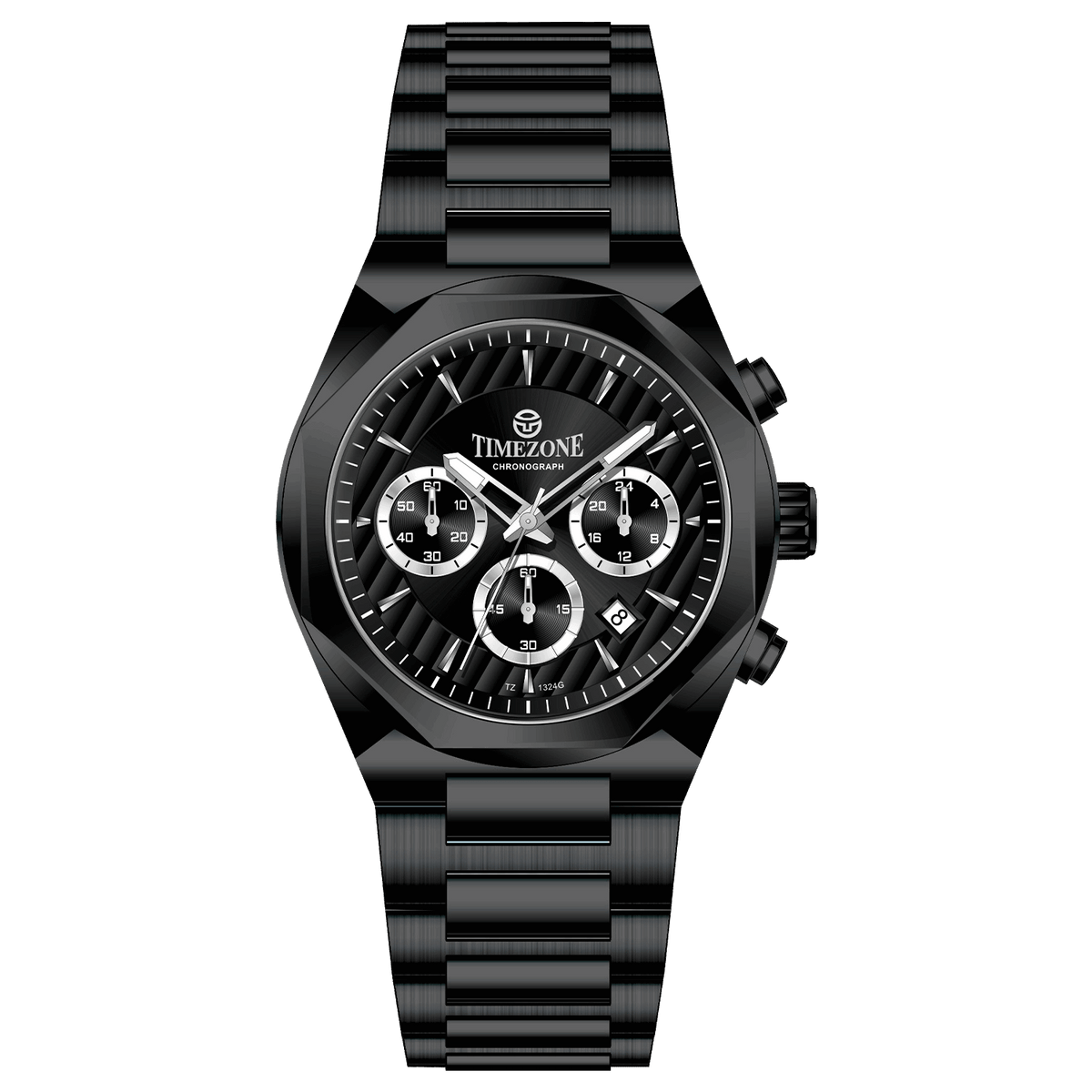 A black stainless steel Timezone chronograph watch with a strap and a case made of the same material. Discover timezone watches: elegant branded wrist watches for men in pakistan.