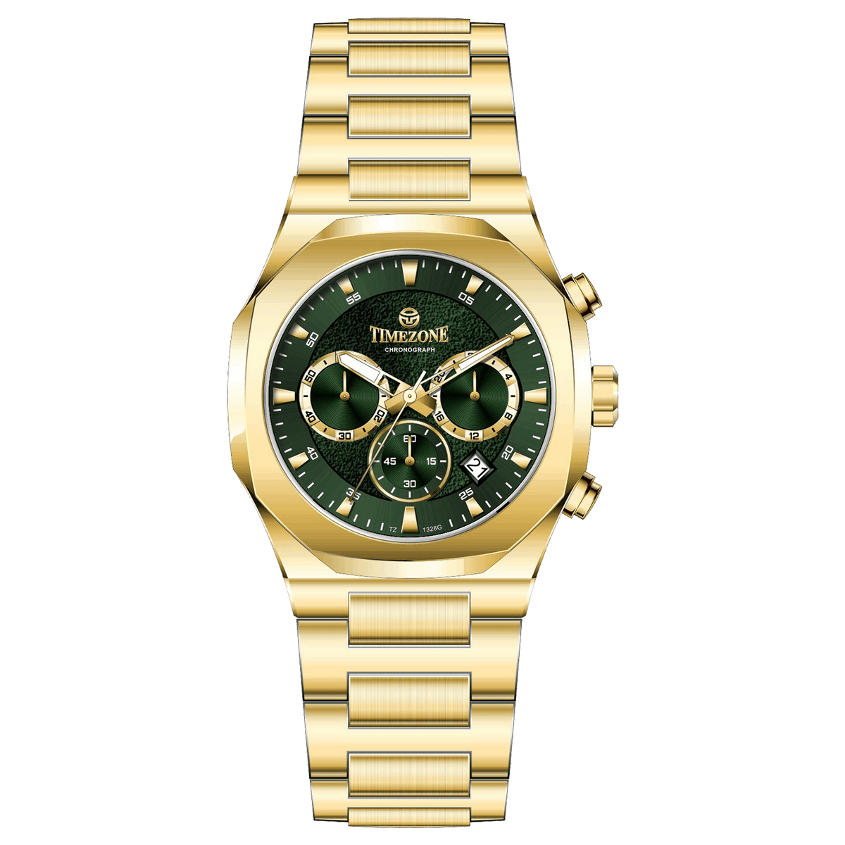 A gold-toned watch with a stainless steel band and a chronograph movement. It features a sophisticated design with a clear dial and a date display. Discover timezone watches: elegant branded wrist watches for men in pakistan