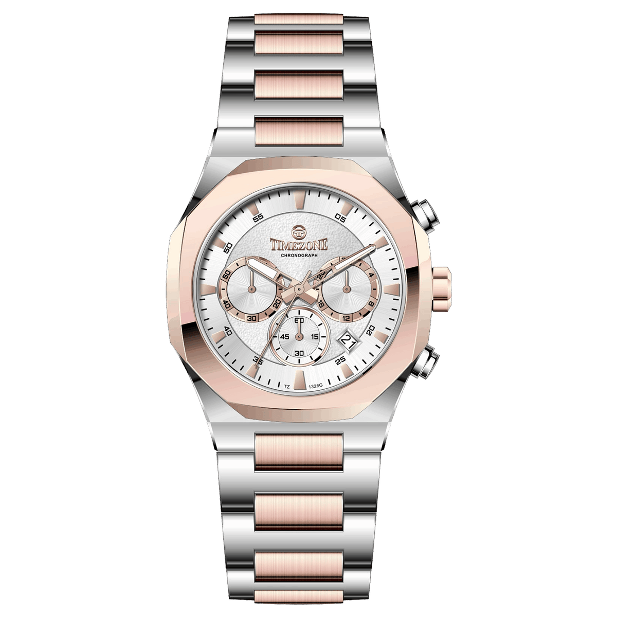 Branded wrist watches for men in pakistan. A Voltamic Timecraft watch with a silver and rose gold stainless steel band and a silver dial.