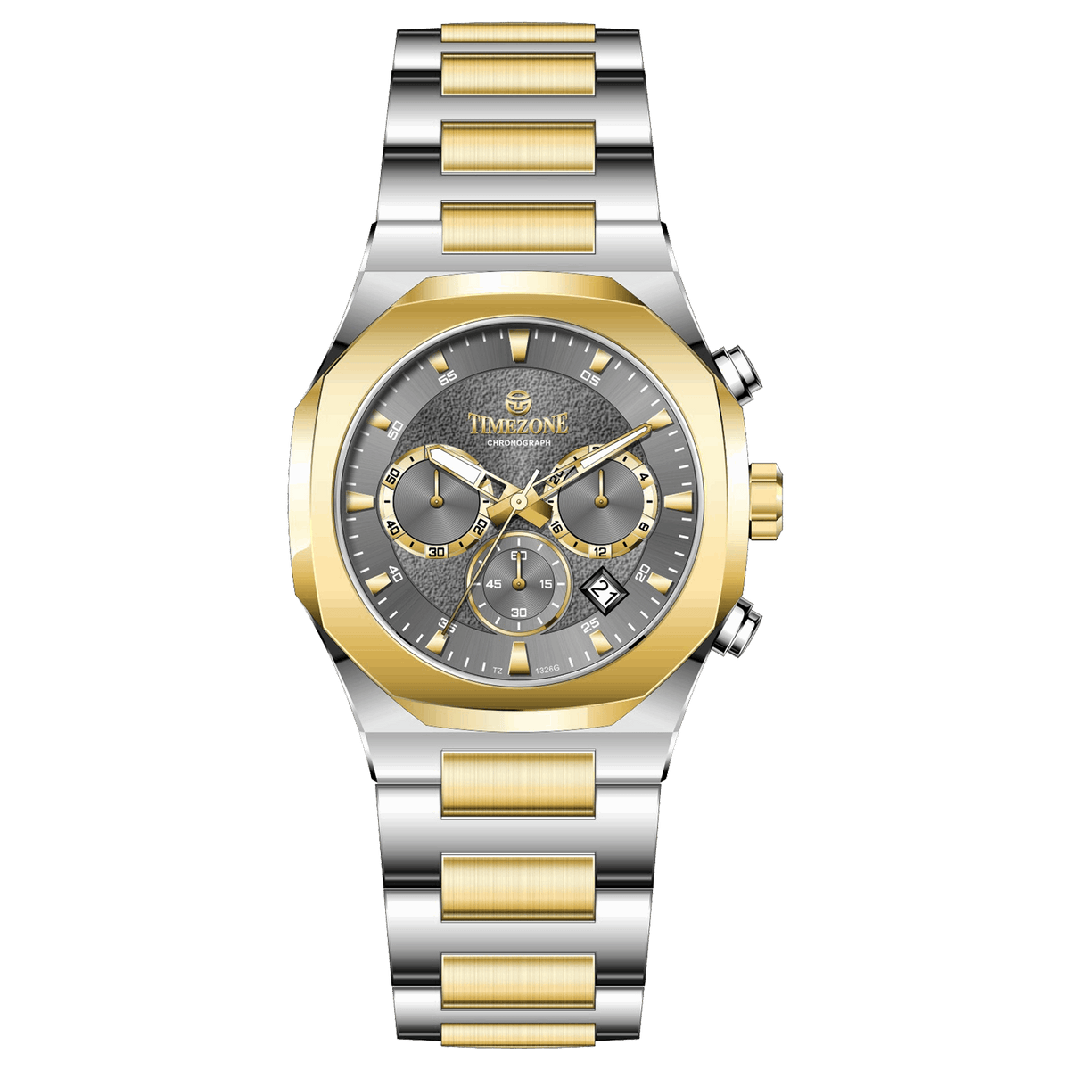 Discover timezone watches: elegant branded wrist watches for men in pakistan. A silver-toned stainless steel watch with a gold-tone band and dial, featuring a chronograph movement and a date display.