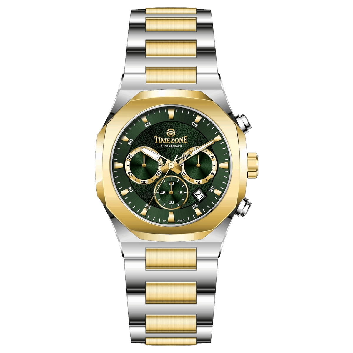 Discover timezone watches: elegant branded wrist watches for men in pakistan. A silver-toned stainless steel watch with a gold-tone band and dial, featuring a chronograph movement and a date display.