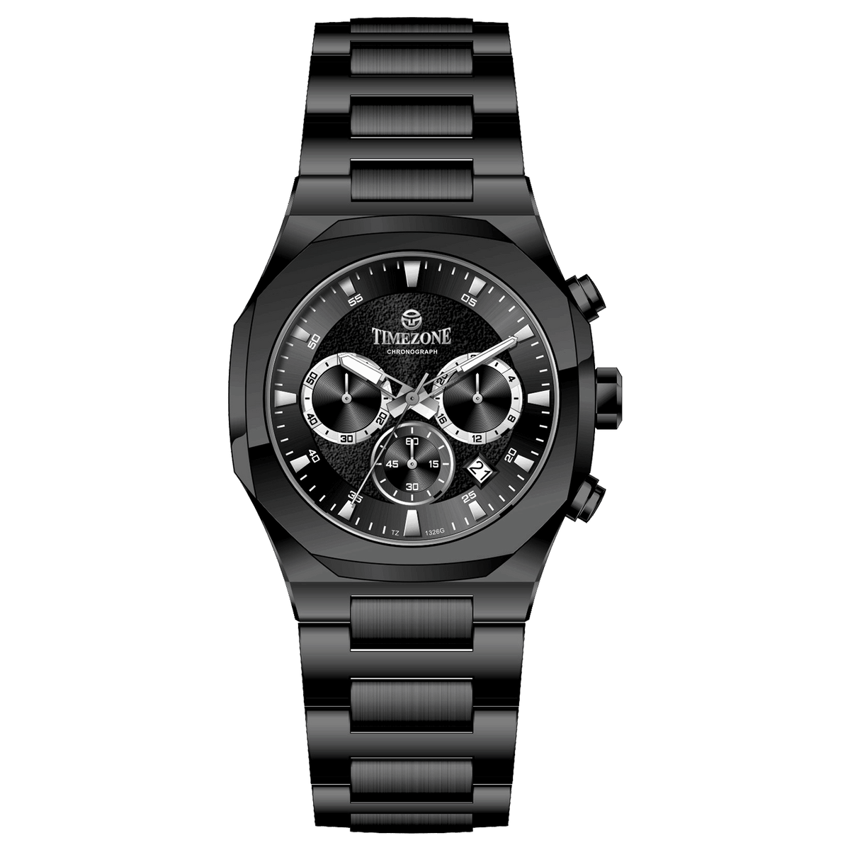 Branded wrist watches for men in pakistan. A black analog chronograph watch with a stainless steel band and a dial featuring multiple subdials and a date display.