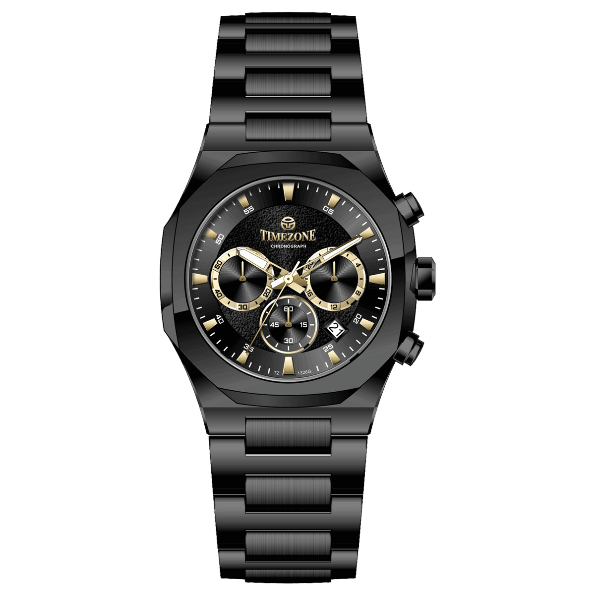 A black analog chronograph watch with a stainless steel band and a dial featuring multiple subdials and a date display. Discover timezone watches: elegant branded wrist watches for men in pakistan