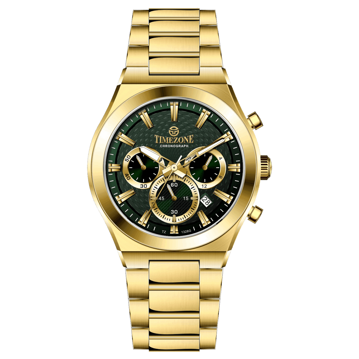 Branded wrist watch for men in pakistan. A gold-colored stainless steel watch with  multicolor accents, featuring a chronograph display.