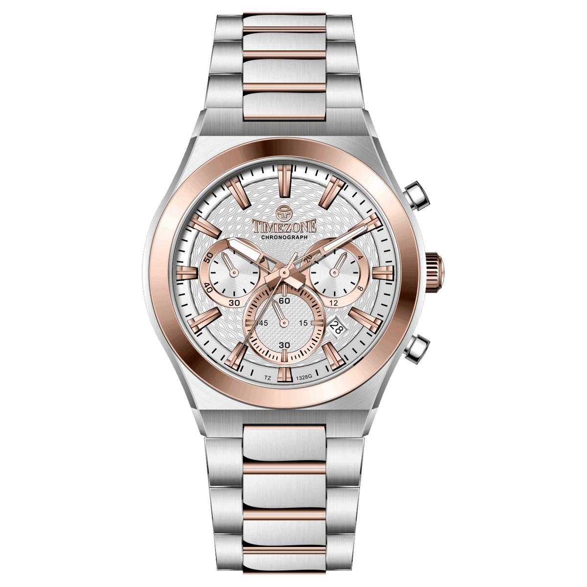 Branded wrist watch for men in pakistan. A silver and rose gold stainless steel watch with a chronograph dial and a bracelet strap.