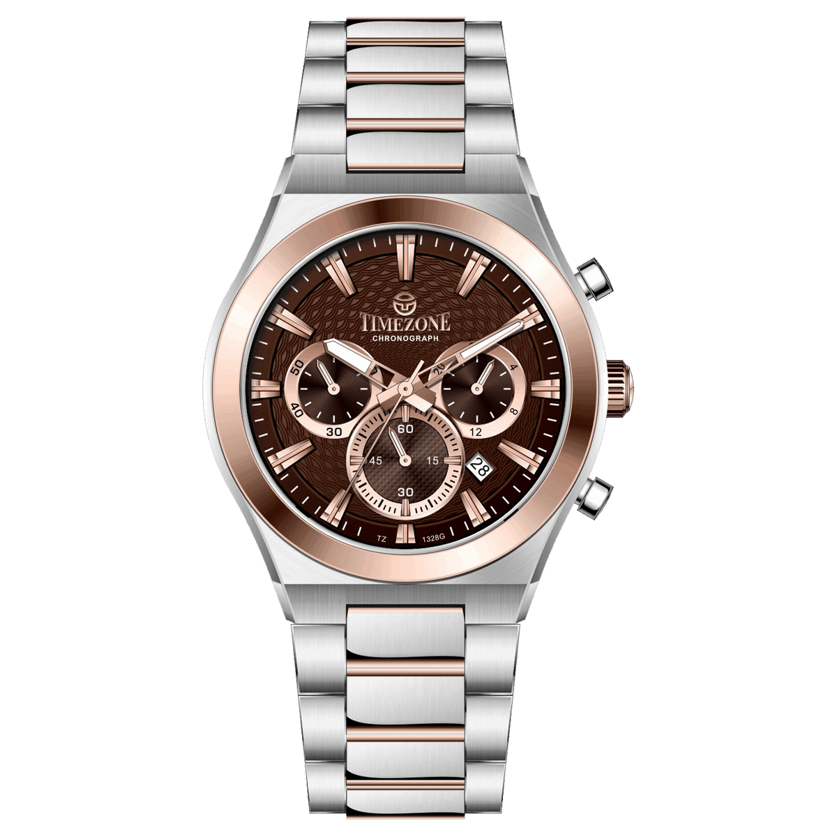 Branded wrist watch for men in pakistan. A silver and rose gold stainless steel watch with a chronograph dial and a bracelet strap.