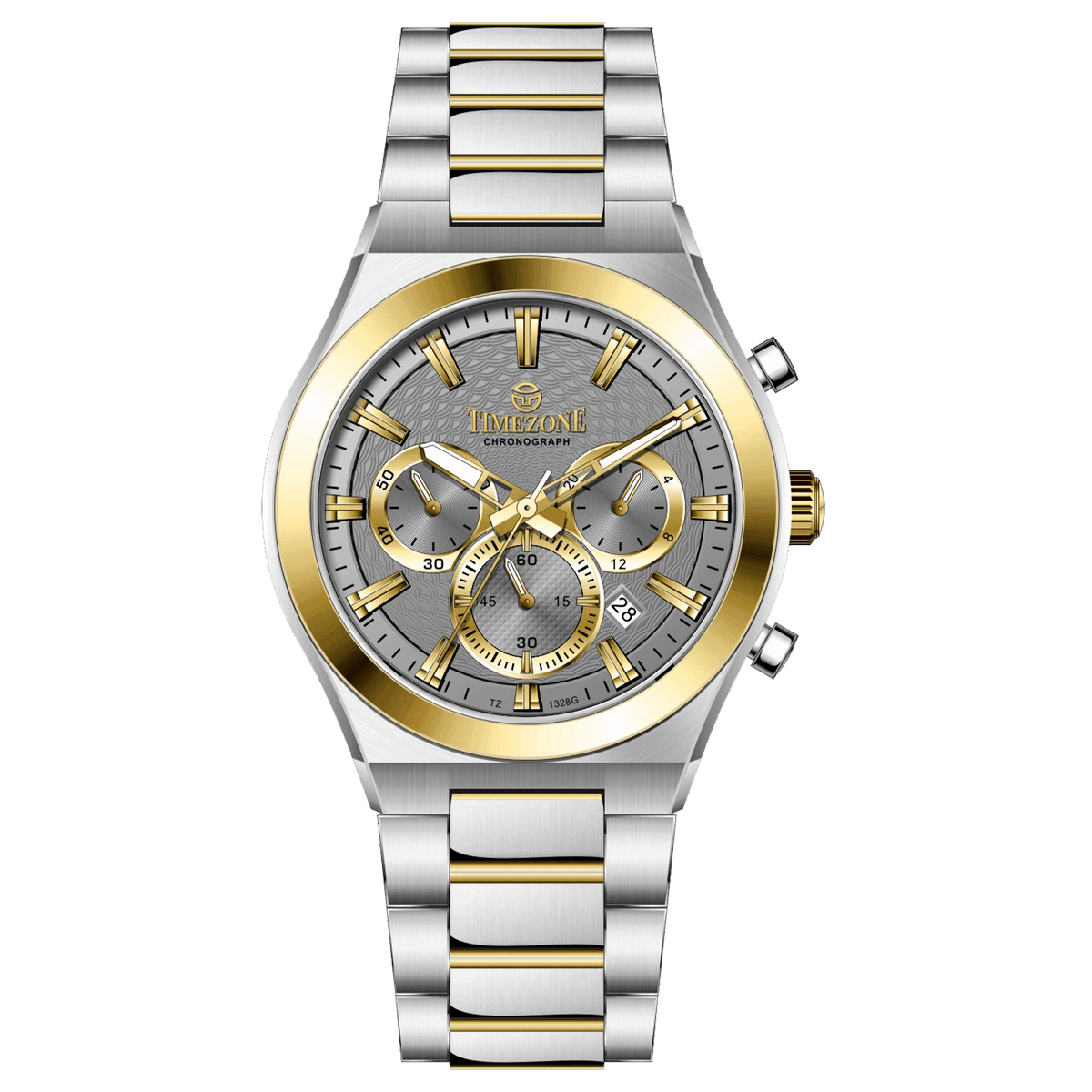 Branded wrist watches for men in pakistan. A silver and gold stainless steel chronograph watch with a two-tone band and a white dial with gold accents.