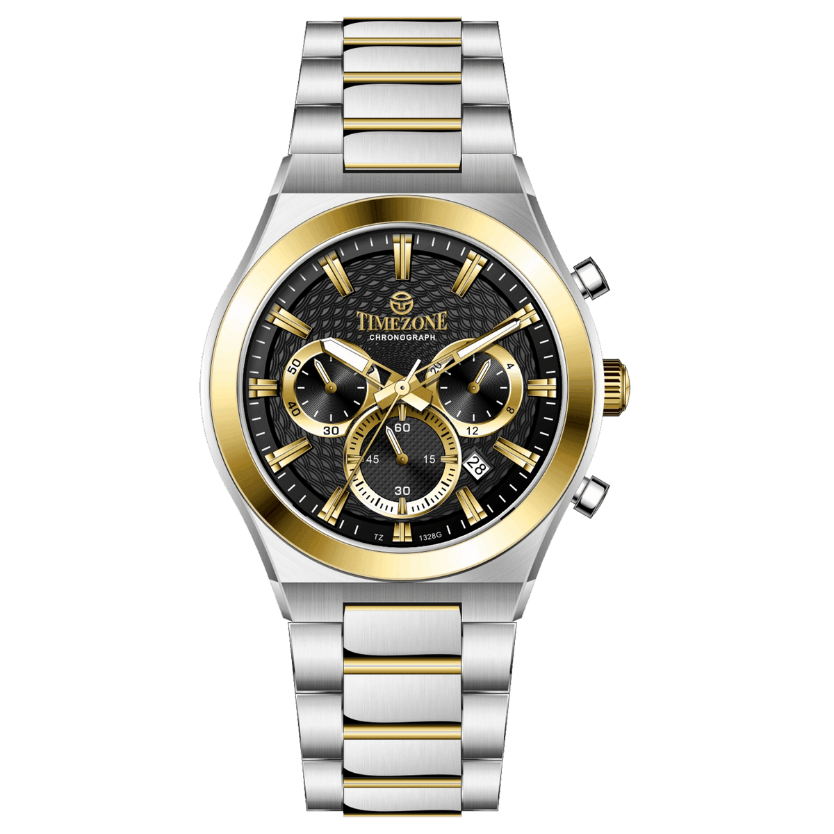 Branded wrist watches for men in pakistan. A silver and gold stainless steel chronograph watch with a two-tone band and a white dial with gold accents.