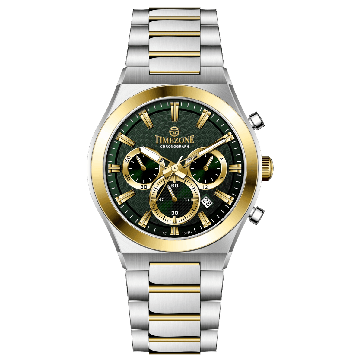 Branded wrist watches for men in pakistan. A silver and gold stainless steel chronograph watch with a two-tone band and a white dial with gold accents.