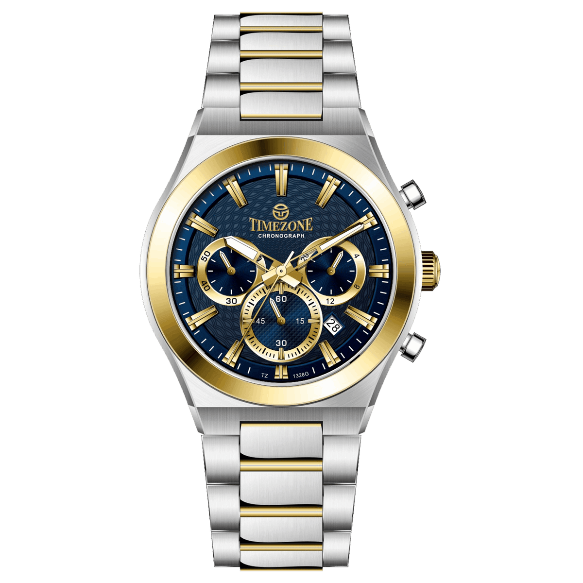 Branded wrist watches for men in pakistan. A silver and gold stainless steel chronograph watch with a two-tone band and a white dial with gold accents.