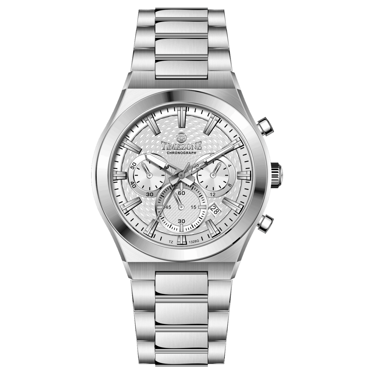 Branded wrist watch for men in pakistan. A silver-colored stainless steel watch with a chronograph dial and a bracelet strap.