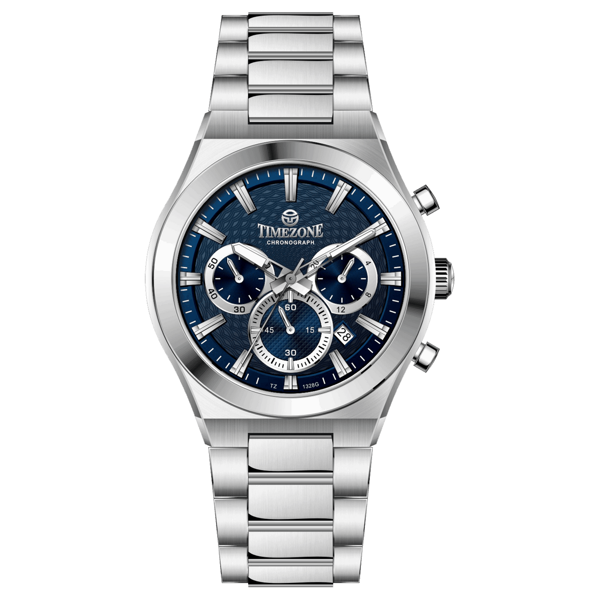 Branded wrist watch for men in pakistan. A silver-colored stainless steel watch with a chronograph dial and a bracelet strap.