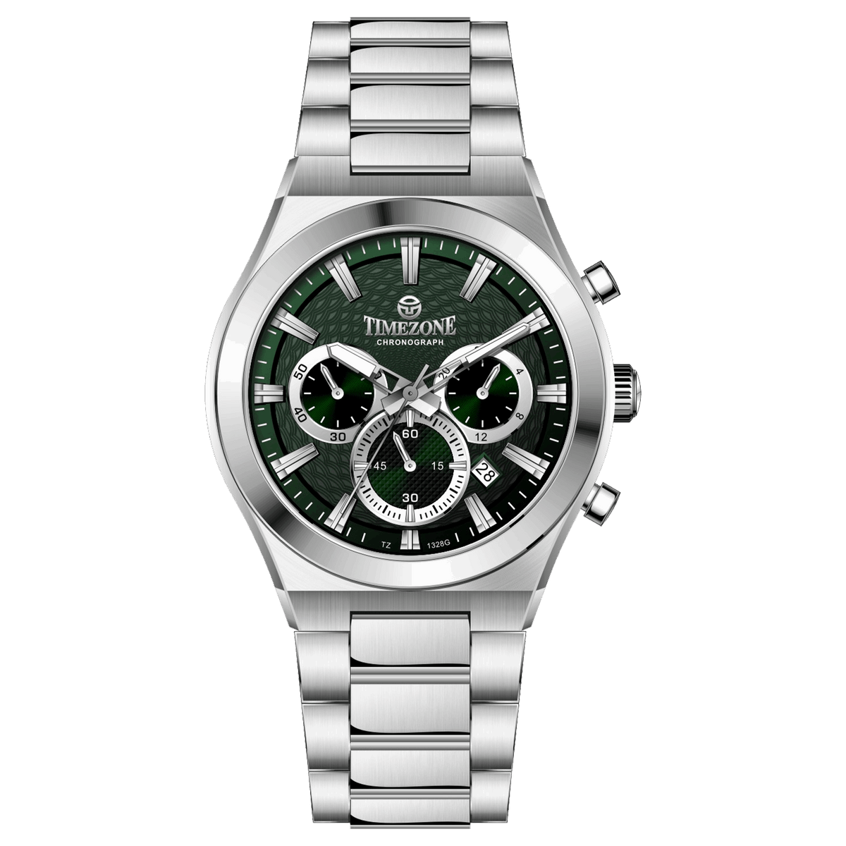 Branded wrist watch for men in pakistan. A silver-colored stainless steel watch with a chronograph dial and a bracelet strap.