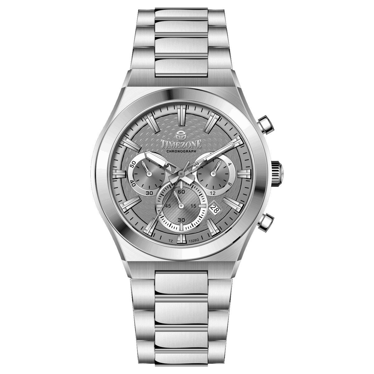 Branded wrist watch for men in pakistan. A silver-colored stainless steel watch with a chronograph dial and a bracelet strap.