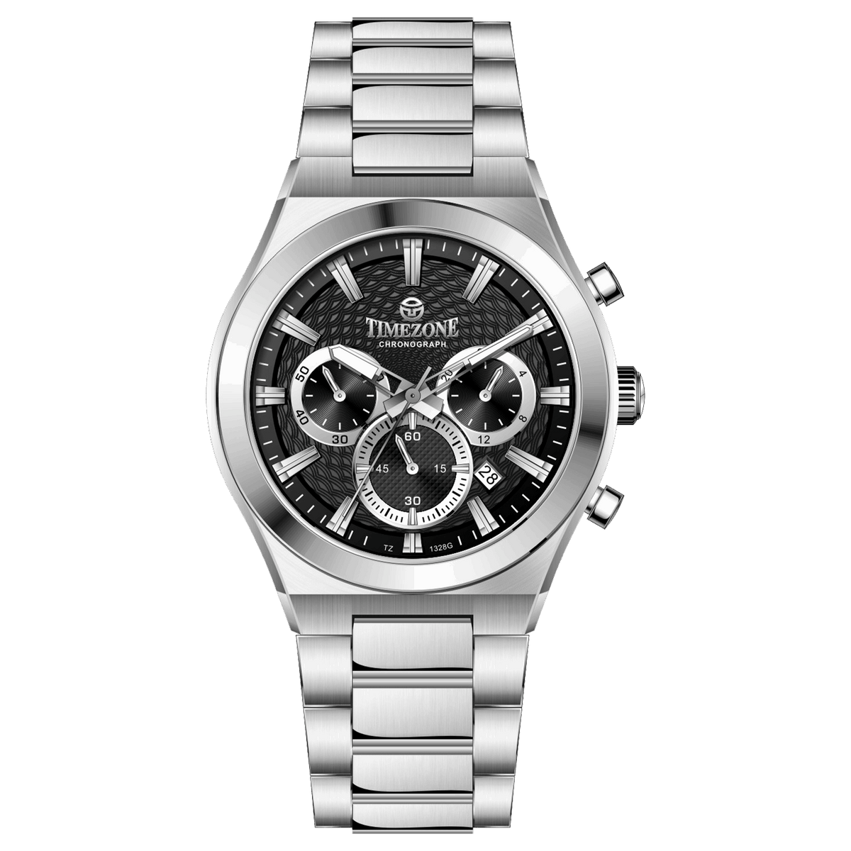 Branded wrist watch for men in pakistan. A silver-colored stainless steel watch with a chronograph dial and a bracelet strap.